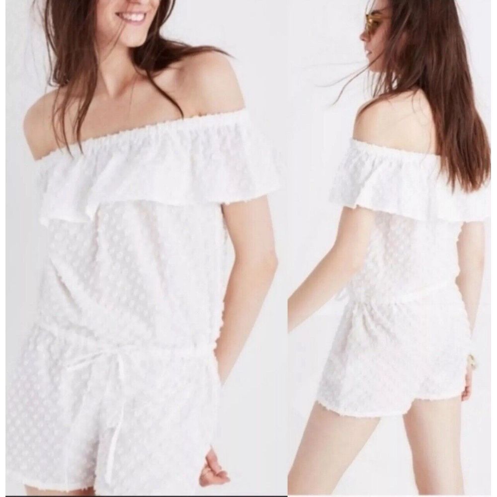 Madewell White Swiss Dot Romper XS with elastic drawstring waistband Cotton